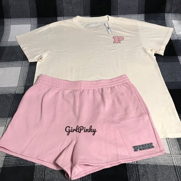 VS PINK shorts OUTFIT & TEE LIMITED EDITION CHALK ROSE/WHITE SHELL ALL SIZES - Picture 5 of 7